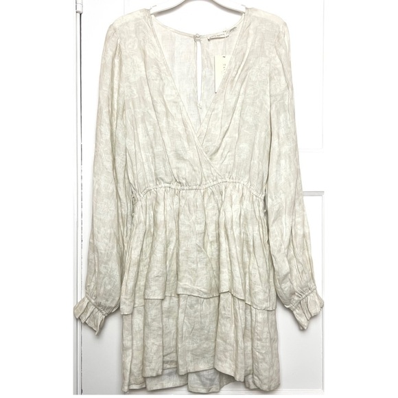 NWT RAMY BROOK Neutral Floral Linen Puff Long Sleeve Tiered Ruffle Mini Dress L - Picture 4 of 11